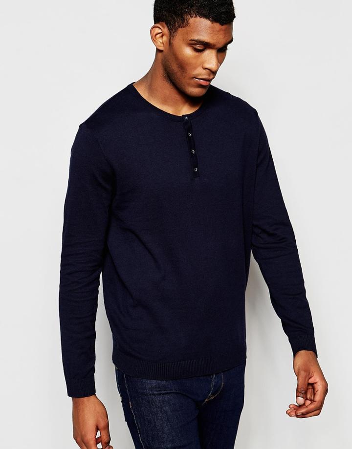 Asos Grandad Neck Sweater In Navy Cotton - Navy