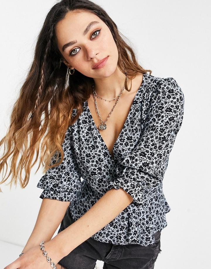 Miss Selfridge Wrap Blouse In Blue Flirty Print-blues