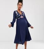 Asos Design Maternity Embroidered Pleated Midi Dress With Lace Inserts-navy