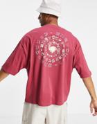 Asos Design Oversized T-shirt In Red Organic Cotton With Circular Text Back Print