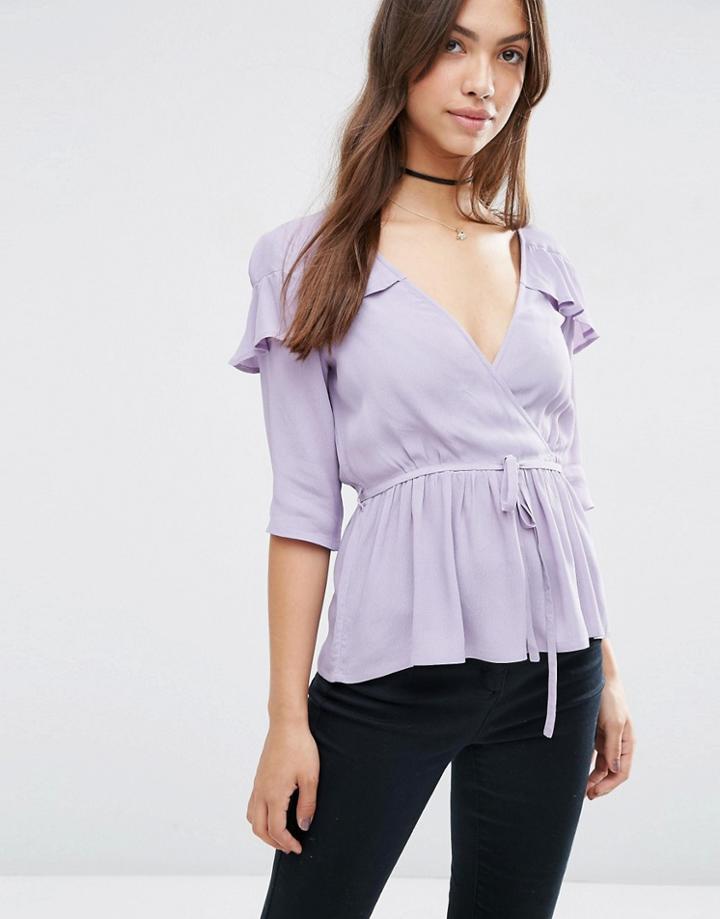 Asos Wrap Front Tea Blouse With Ruffle - Purple