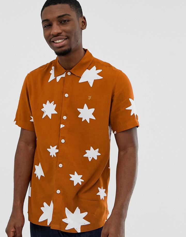Farah Santiago Star Print Oversized Revere Collar Shirt In Orange - Orange