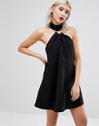 Lost Ink Swing Dress With Choker Collar And Metal Ring - Black