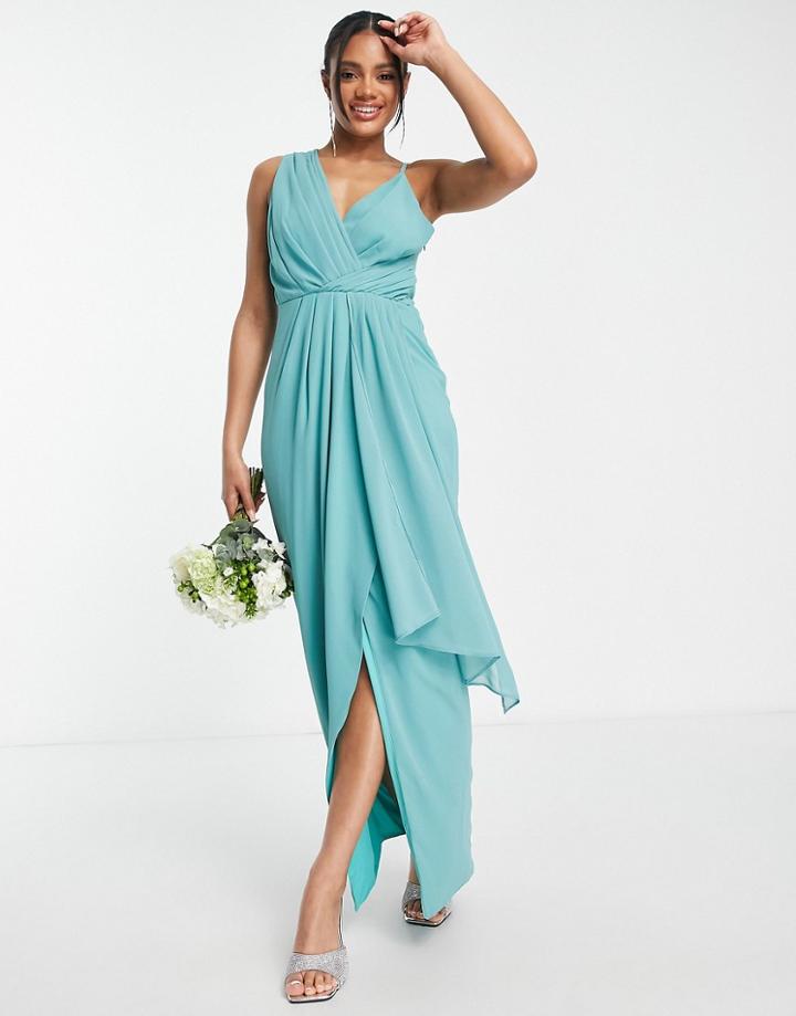 Tfnc Bridesmaid Chiffon Wrap Maxi Dress With Hi Low Hem In Sea Blue