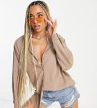 Missguided Beach Oversized Shirt In Mocha Linen Look - Part Of A Set-brown