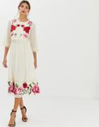 Asos Design Double Layer Midi Embroidered Dress With Long Sleeves-cream