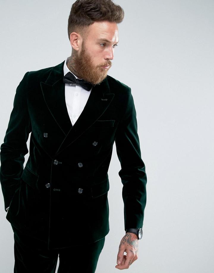 Gianni Feraud Skinny Fit Peak Lapel Dark Green Velvet Suit Jacket - Green