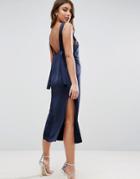 Asos Satin Open Back Cami Midi Dress With Side Cut Outs - Navy