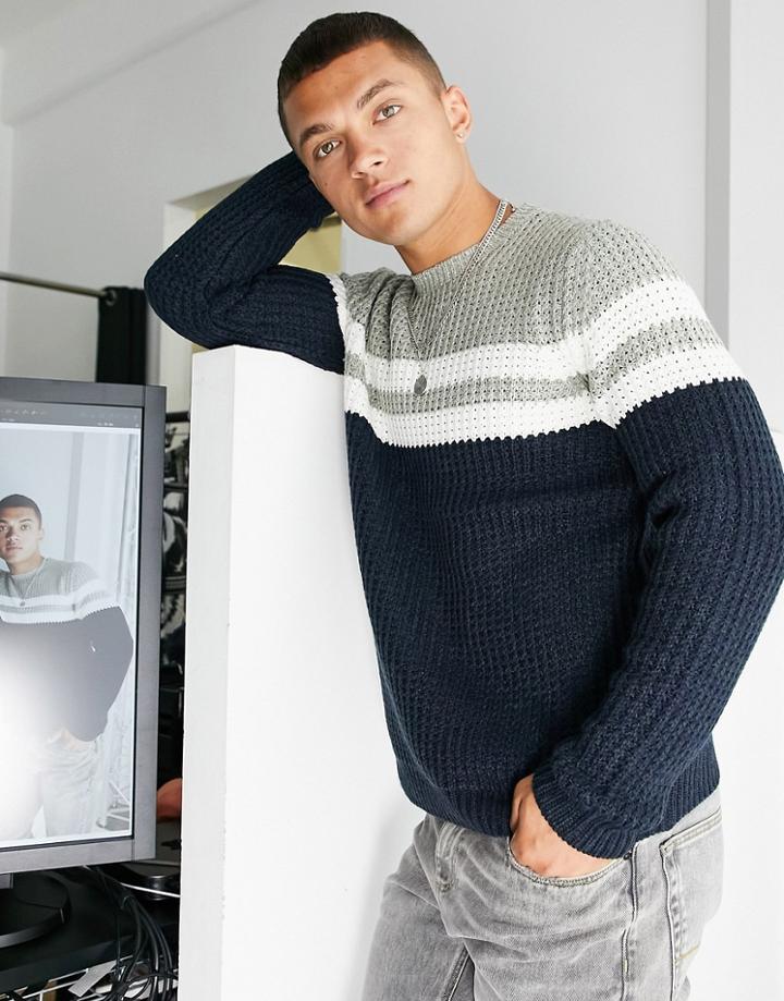 Only & Sons Textured Sweater With Chest Stripe In Navy And Gray