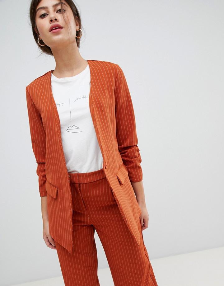 Vila Pin Stripe Ruche Sleeve Tailored Jacket - Orange