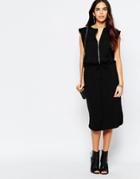 Warehouse Tie Waist Zip Front Midi Dress - Black