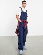 Asos Design Baggy Denim Overalls In Mid Wash-blues