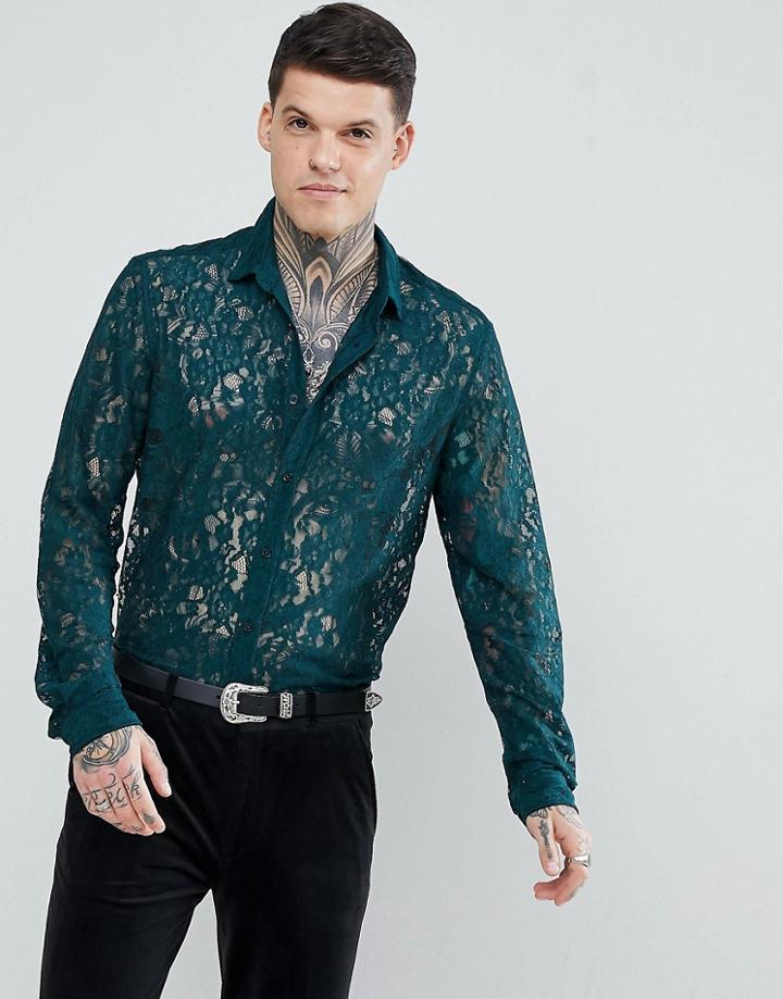 Asos Regular Fit Lace Shirt In Teal - Green