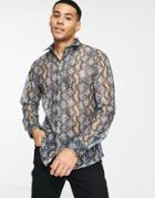 Twisted Tailor Lopez Lace Shirt In Blue And Stone Snakeskin