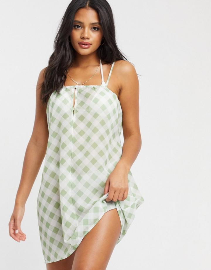 Missguided Mesh Beach Cover Up Dress In Gingham Print-multi