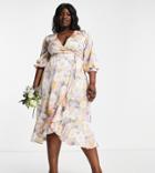 Liquorish Plus Bridesmaid Satin Wrap Midi Dress With Puff Sleeve In Soft Washed Pastel Floral-multi