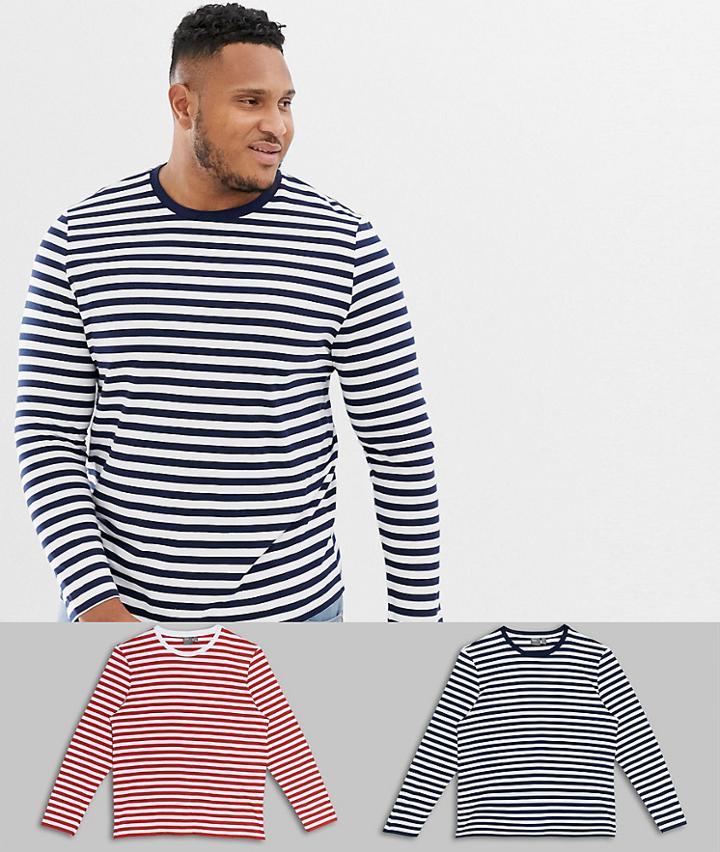 Asos Design Plus Long Sleeve Stripe T-shirt In Organic Cotton 2 Pack White/navy White/red - Multi