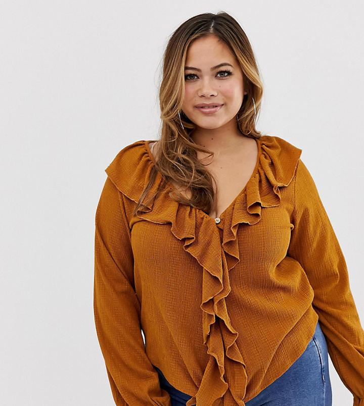Asos Design Curve Top With Button Front And Ruffle In Textured Fabric-yellow