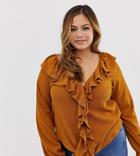 Asos Design Curve Top With Button Front And Ruffle In Textured Fabric-yellow