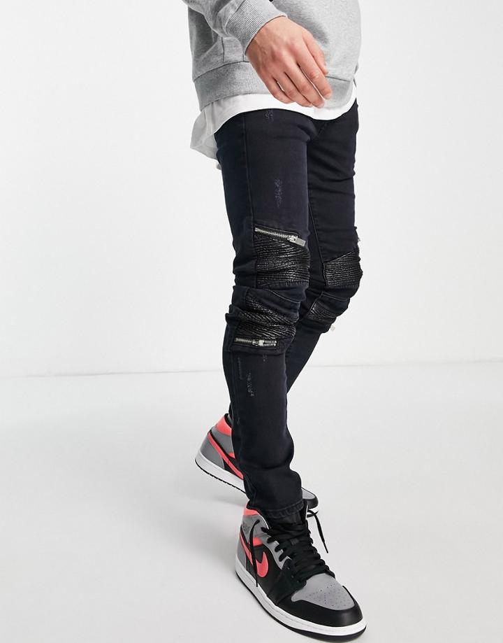 Sixth June Destroyed Denim Jeans With Leather Knees In Black