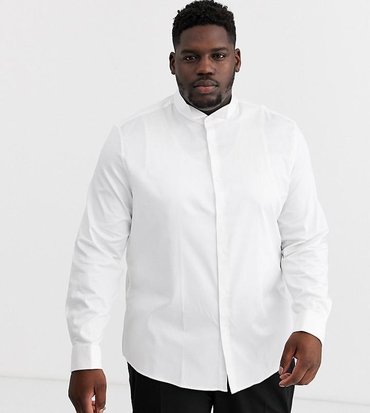 Asos Design Plus Regular Fit Textured Shirt With Collar Bar In White