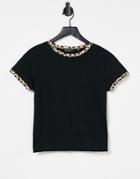 Brave Soul Claudine Leopard Trim Ringer T-shirt-black