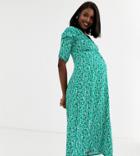Asos Design Maternity Exclusive Maxi Tea Dress With Frill In Green Ditsy Print - Green