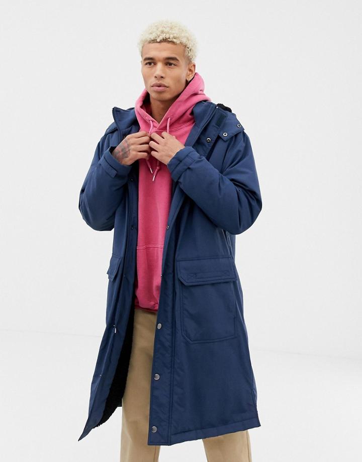 Asos Design Longline Parka Jacket With Hood - Navy