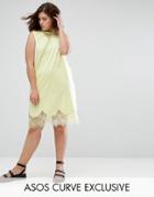 Asos Curve Sleeveless T-shirt Dress With Lace Inserts - Yellow