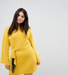 Asos Curve Kimono Sleeve Mini Dress With Self Tie Fringe Belt-yellow
