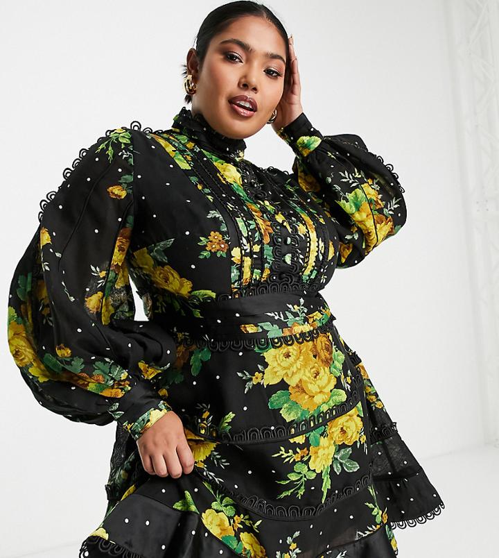 Asos Design Curve Exclusive Tiered Mini Dress With Lace Trim Detail In Dark Based Floral-multi