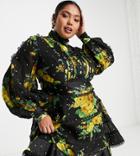 Asos Design Curve Exclusive Tiered Mini Dress With Lace Trim Detail In Dark Based Floral-multi
