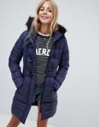 Brave Soul Wizard Long Padded Coat With Faux Fur Hood - Navy