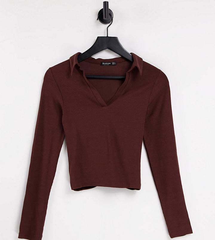 Stradivarius Long Sleeve Polo In Chocolate Brown