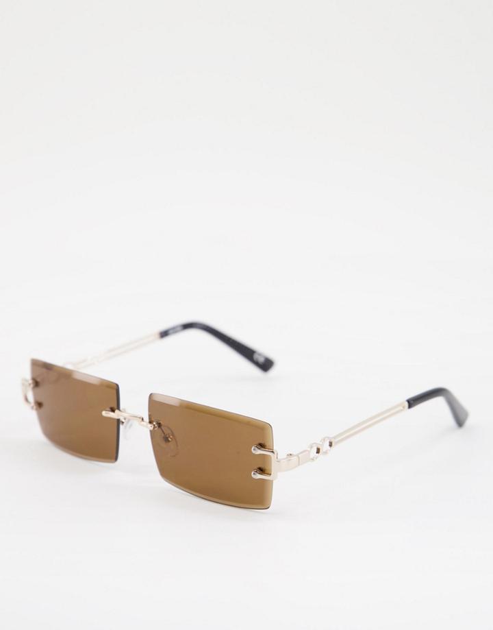 Asos Design Rimless Mid Square Sunglasses With Temple Detail In Brown-gold