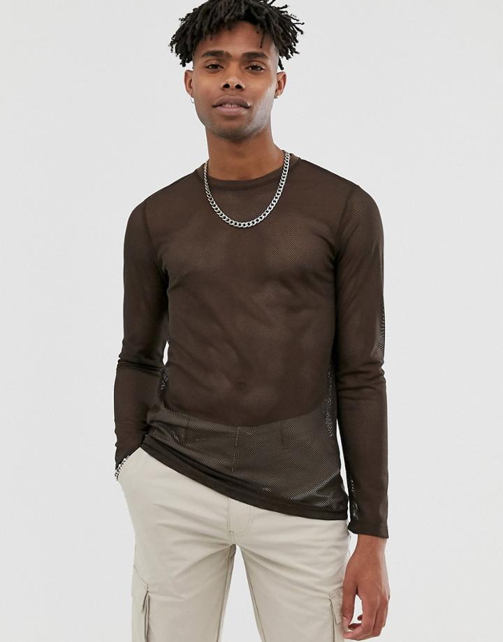 Asos Design Long Sleeve T-shirt In Brown Mesh - Brown