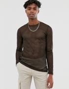 Asos Design Long Sleeve T-shirt In Brown Mesh - Brown