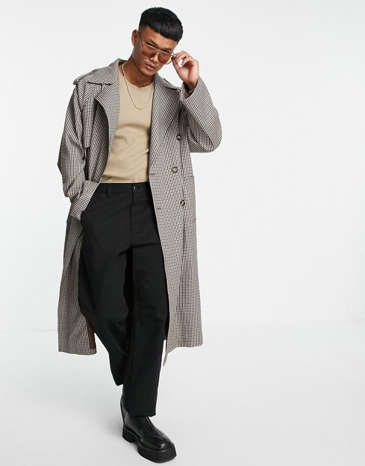 Asos Design Longline Oversized Double Breasted Check Trench Coat-brown