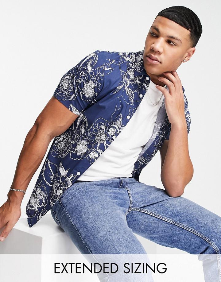 Asos Design Stretch Slim Shirt In Navy Floral