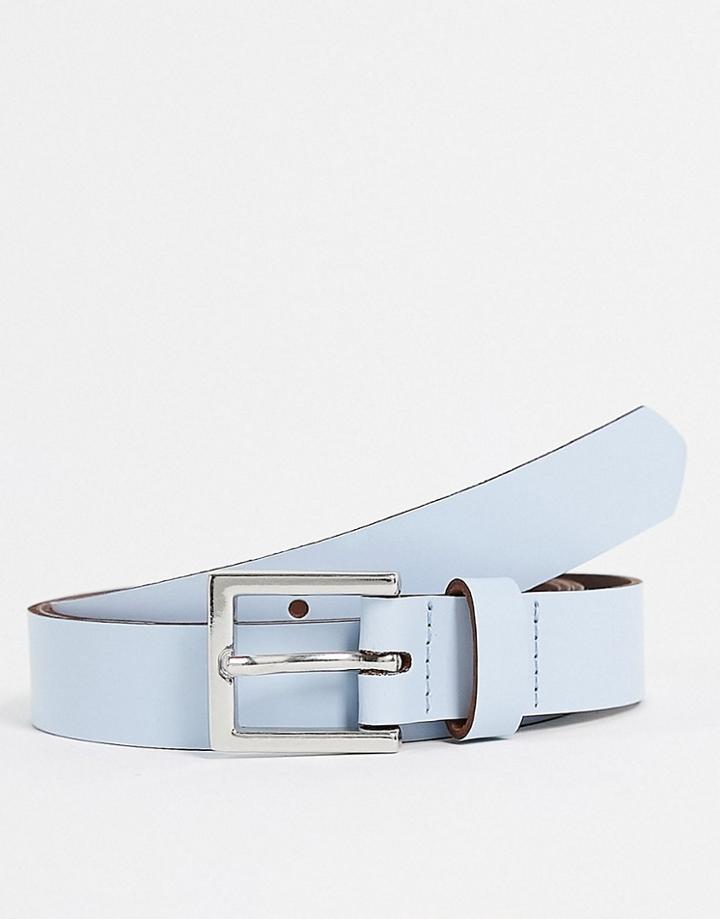 Asos Design Leather Skinny Belt In Light Blue