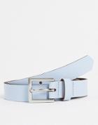 Asos Design Leather Skinny Belt In Light Blue