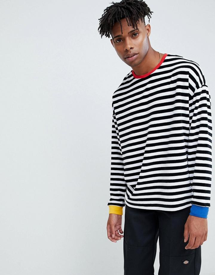 Asos Design Oversized Stripe Velour Long Sleeve T-shirt With Contrast Ribs - Multi