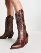 Steve Madden West Stitch Detail Western Boots In Brown Leather