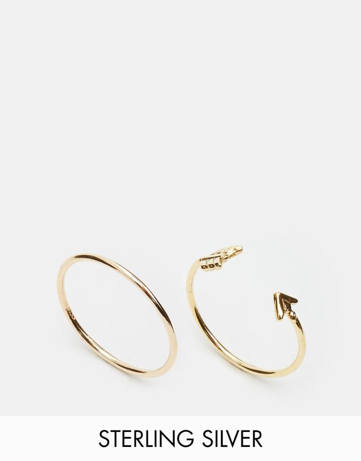Asos Gold Plated Sterling Silver Pack Of 2 Arrow And Plain Band Rings - Gold