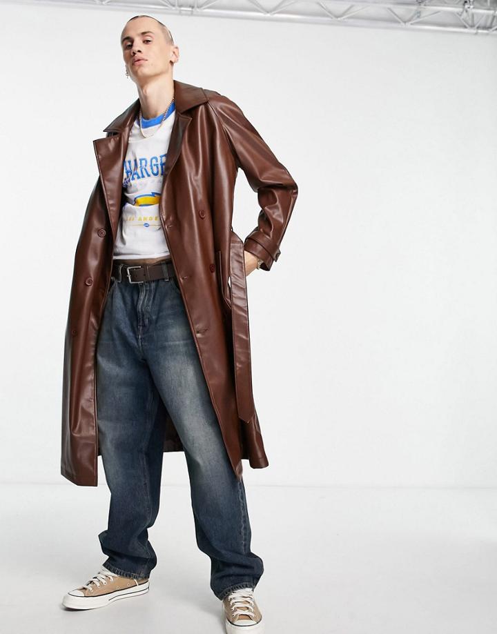 Asos Design Faux Leather Oversized Trench Coat In Brown