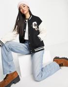 Pull & Bear Varsity Jacket In Black With Contrast White Sleeves-blue
