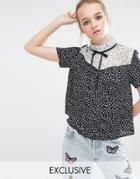Reclaimed Vintage Tie Neck Top In Poka Dot With Lace Panel - Black