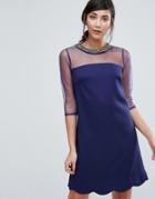 Little Mistress Shift Dress With Mesh Sleeves And Embellished Neckline - Navy