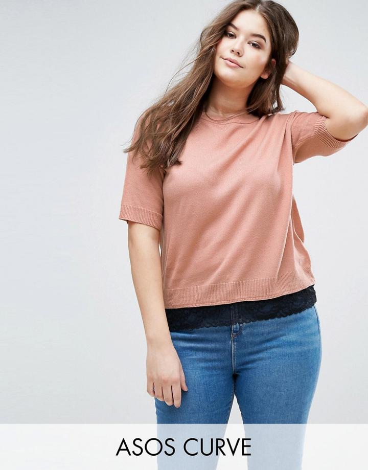 Asos Curve Sweater With Lace Hem - Pink