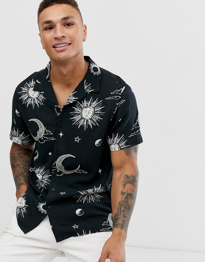 New Look Viscose Revere Collar Shirt In Black Sun And Moon Print - Black